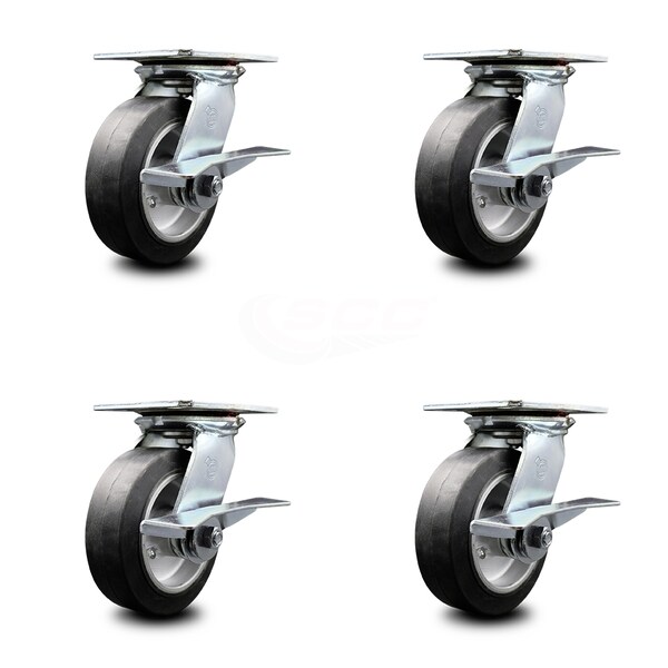 6 Inch Heavy Duty Rubber on Aluminum Caster Set with Roller Bearings and Brakes